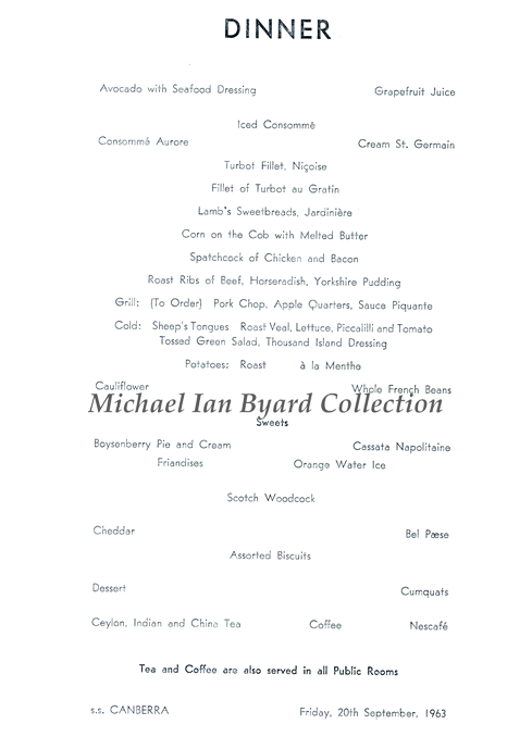 Dinner Menu 20 Sept 1963